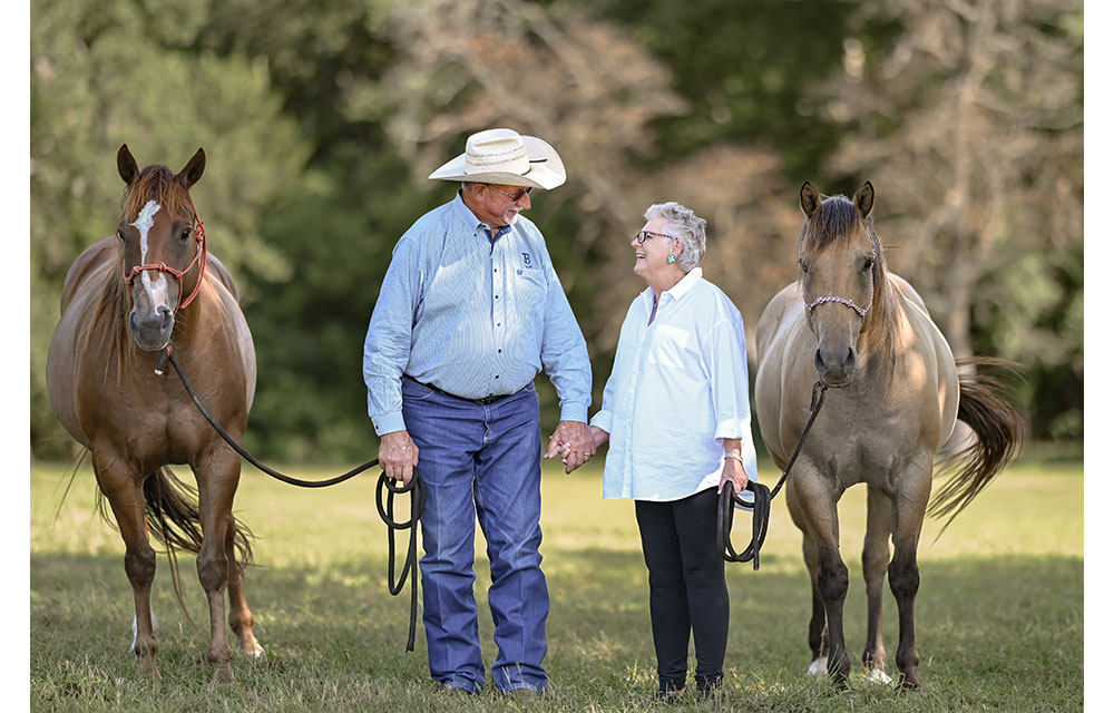 An older couple stands hand-in-hand in a sunny pasture, each holding the lead of a horse.